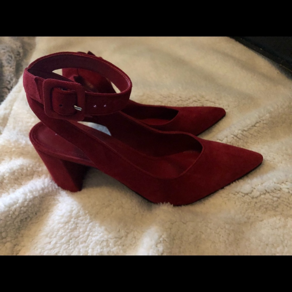 Red suede ankle strap heels